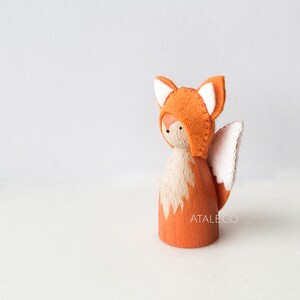 Wooden Fox Peg Doll with Hand-Embroidered Felt Decorations