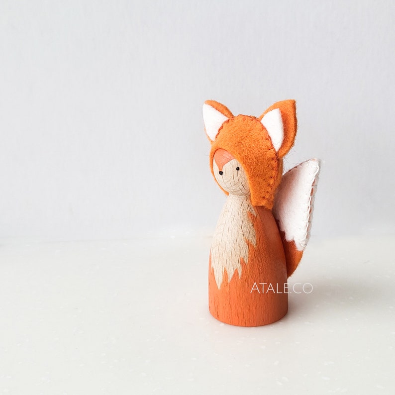 Wooden Fox Peg Doll with Hand-Embroidered Felt Decorations