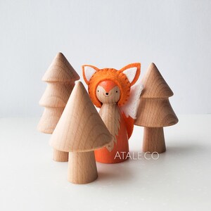 Wooden Fox Peg Doll with Hand-Embroidered Felt Decorations