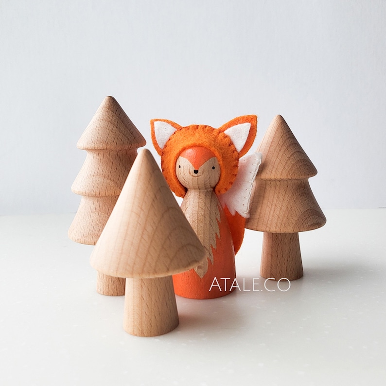 Wooden Fox Peg Doll with Hand-Embroidered Felt Decorations
