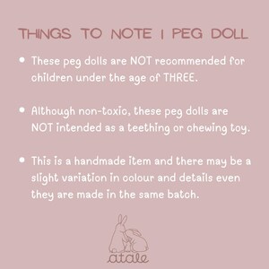 May include: A pink background with white text that reads "THINGS TO NOTE | PEG DOLL". The text includes warnings about peg dolls not being recommended for children under three, and not intended as teething toys. A bunny logo is at the bottom.