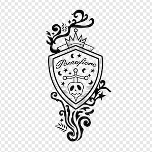 Puede incluir: Ilustración en blanco y negro de un escudo con una corona, un escudo y una calavera con una espada atravesando una manzana. El escudo tiene el texto "Pomoefiore".