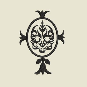 May include: Black and white stylized design of a skull with floral accents. The skull is inside an oval frame with a floral design at the top and bottom.