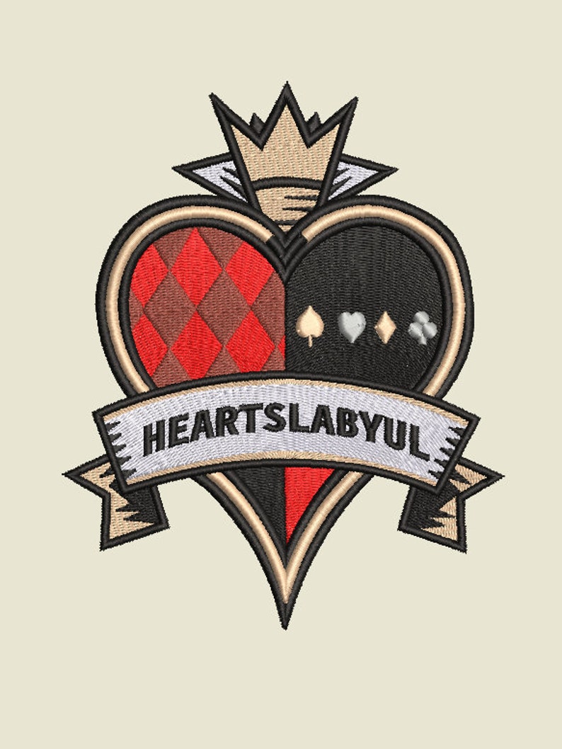 May include: A black and red heart-shaped emblem with a crown on top and a banner reading "HEARTSLABYUL". The heart is divided in half, one side is a red and brown checkered pattern, the other side is black with four white playing card symbols.