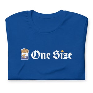 May include: Royal blue t-shirt with the text "One Size" in a gothic font. A small graphic of a box of fries with the word "Beasties" is on the left side of the text. The shirt is folded.