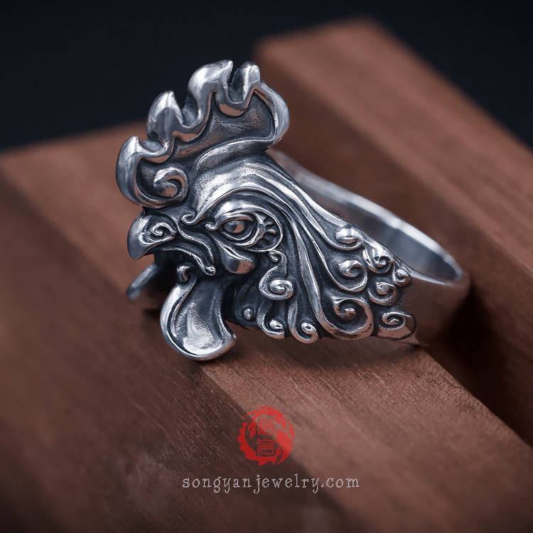 Silver Rooster Ring Aged Finishsterling Silver 925 Oxidized Etsy