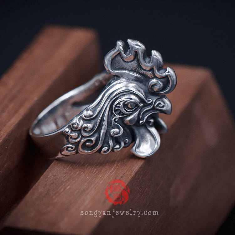 Silver Rooster Ring Aged Finishsterling Silver 925 Oxidized Etsy