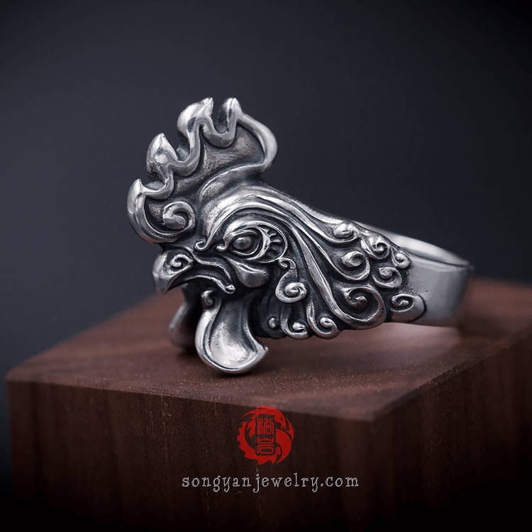 Silver Rooster Ring Aged Finishsterling Silver 925 Oxidized Etsy