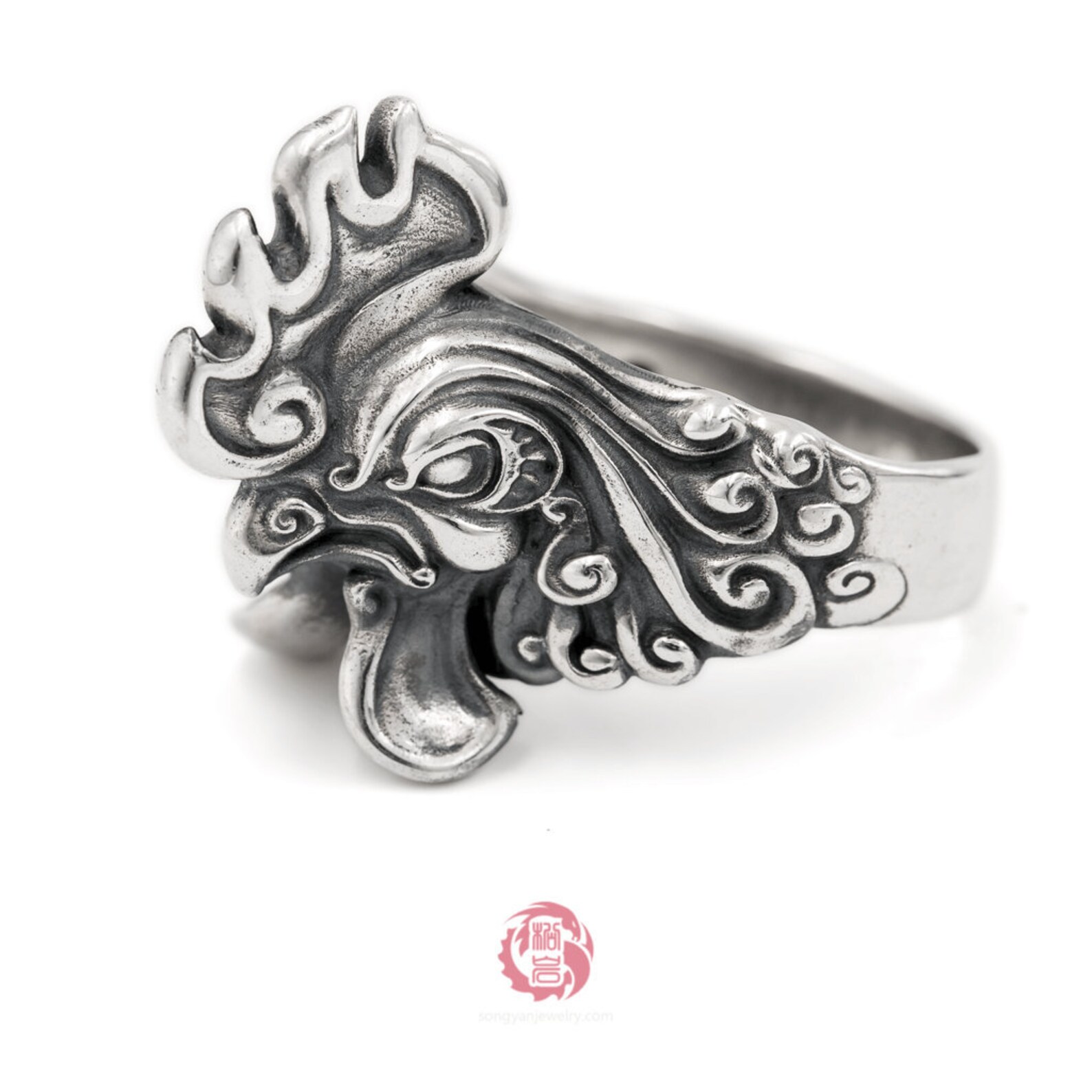 Silver Rooster Ring Aged Finishsterling Silver 925 Oxidized Etsy