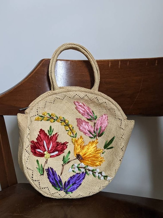 60s Vintage Rafia Floral Woven Handbag