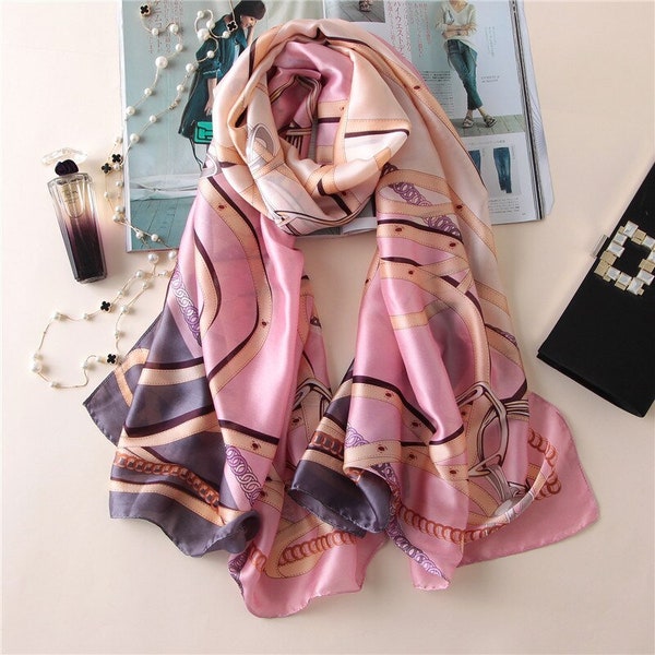 Gorgeous soft silk scarf. Pink and mauve, equestrian themed pattern. Personalised gift/Xmas box available. Great Mother's Day gift!