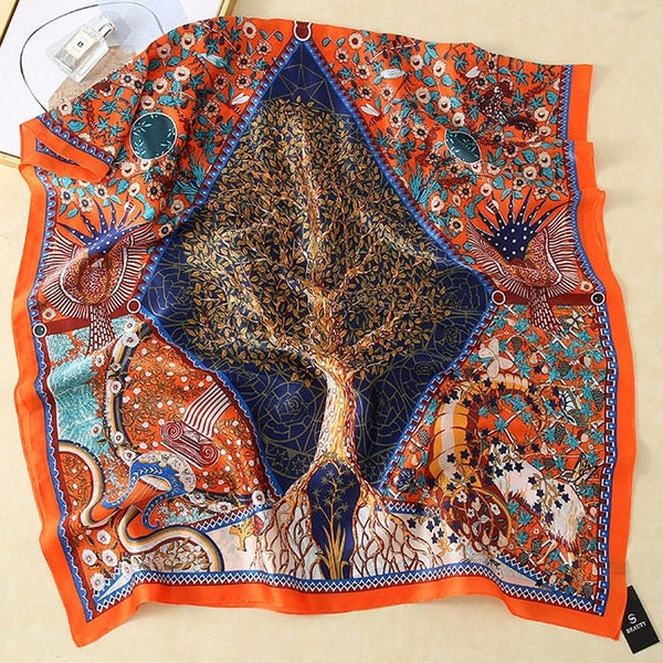 Luxurious soft silk. Designer themed tree of life depiction with birds and flowers.'Personalised' gift/Xmas box available.