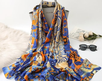 The tree of life (blue). Klimt. Gorgeous soft silk scarf. Personalised gift/Xmas box available. Great Mother's Day gift!
