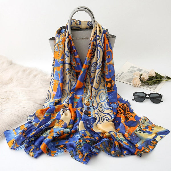 The tree of life (blue). Klimt. Gorgeous soft silk scarf. Personalised gift/Xmas box available. Great Mother's Day gift!