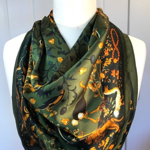 Exotic bird design, silk scarf. Vibrant emerald green. Hangs beautifully. Personalised gift/Xmas box available. Great Mother's Day gift!