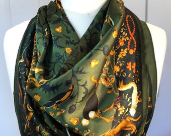 Exotic bird design, silk scarf. Vibrant emerald green. Hangs beautifully. Personalised gift/Xmas box available. Great Mother's Day gift!