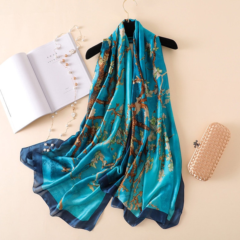Stunning silk scarf, Van Gogh's Turquoise 'Almond blossom'.Personalised gift/Xmas box available. Great Mother's Day gift scarf only turquoise