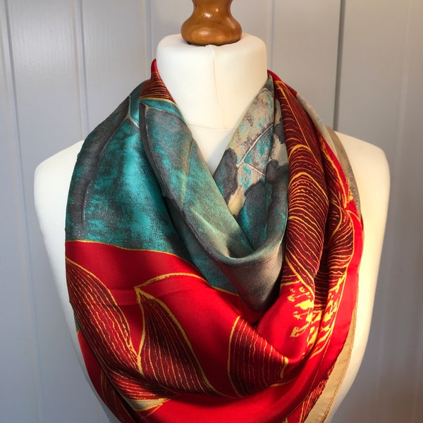 Stunning, soft silk scarf. Red and green poinsettia, floral design. Personalised gift/Xmas box available. Great Mother's Day gift!