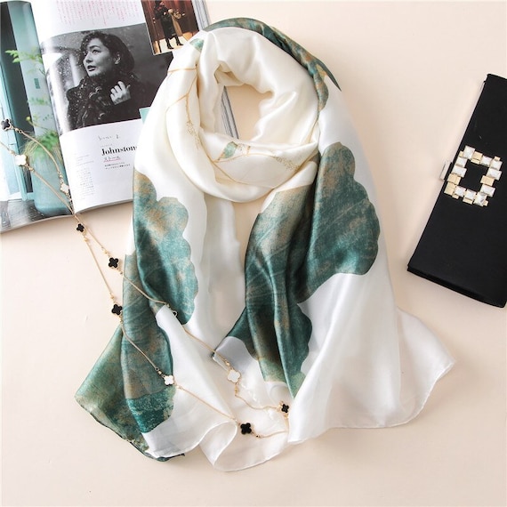 Luxurious Soft Silk Scarf. Delicate Waterlily Theme. 