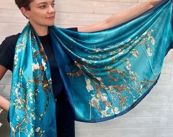 Stunning silk scarf, Van Gogh's Turquoise 'Almond blossom'.Personalised gift/Xmas box available. Great Mother's Day gift!