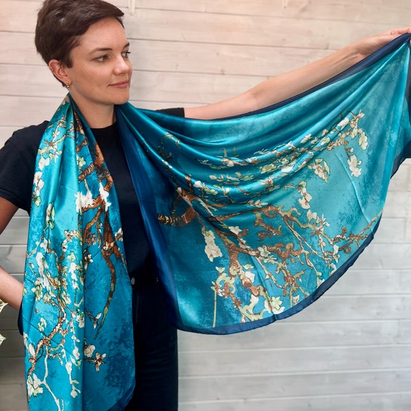 Stunning silk scarf, Van Gogh's Turquoise 'Almond blossom'.Personalised gift/Xmas box available. Great Mother's Day gift!