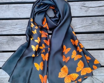 Gorgeous, soft silk, black and orange butterfly scarf. Personalised gift/Xmas box available. Great Mother's Day gift!