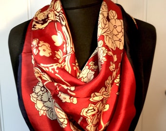 Gorgeous soft silk floral scarf. Burgundy background with cream detail and navy edging. Mother's Day personalised gift box available.