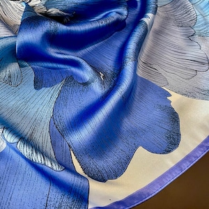 Stunning blue and grey, floral, silk scarf. Personalised gift/Xmas box available. Great Mother's Day gift!