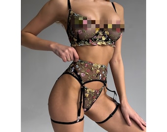 Embroidered lingerie set with garter belt - floral bra and bottoms, 3 piece lingerie set, see through sheer bikini, gift for her anniversary