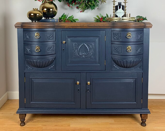 Antique Blue Painted Sideboard Bow Fronted Cabinet Carved Oak antique-blue-painted-sideboard-bow-fronted-cabinet-carved-oak