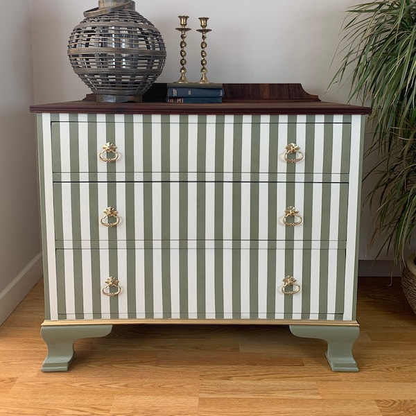 Striped white and green vintage chest of drawers with brass handles, painted to order