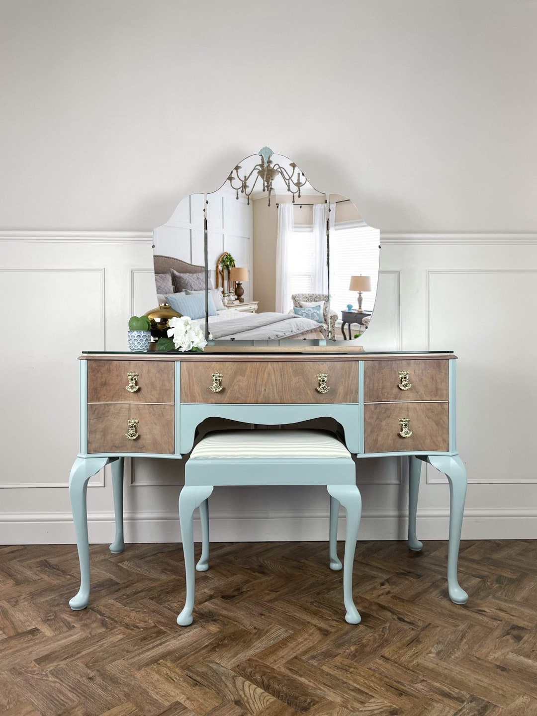 Vintage Blue Dressing Table Set, 1940s Bedroom Furniture, Painted to