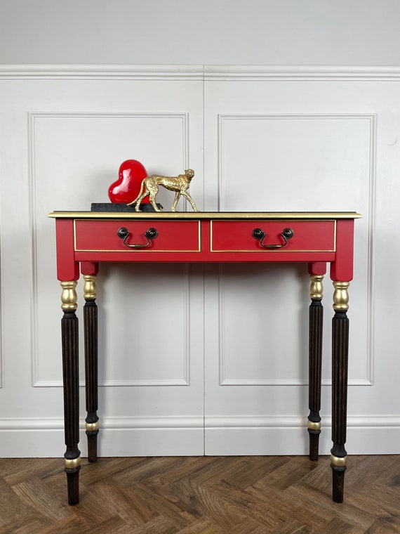 Regency Style Console Table, Vintage Red Side Table, Gold Leaf