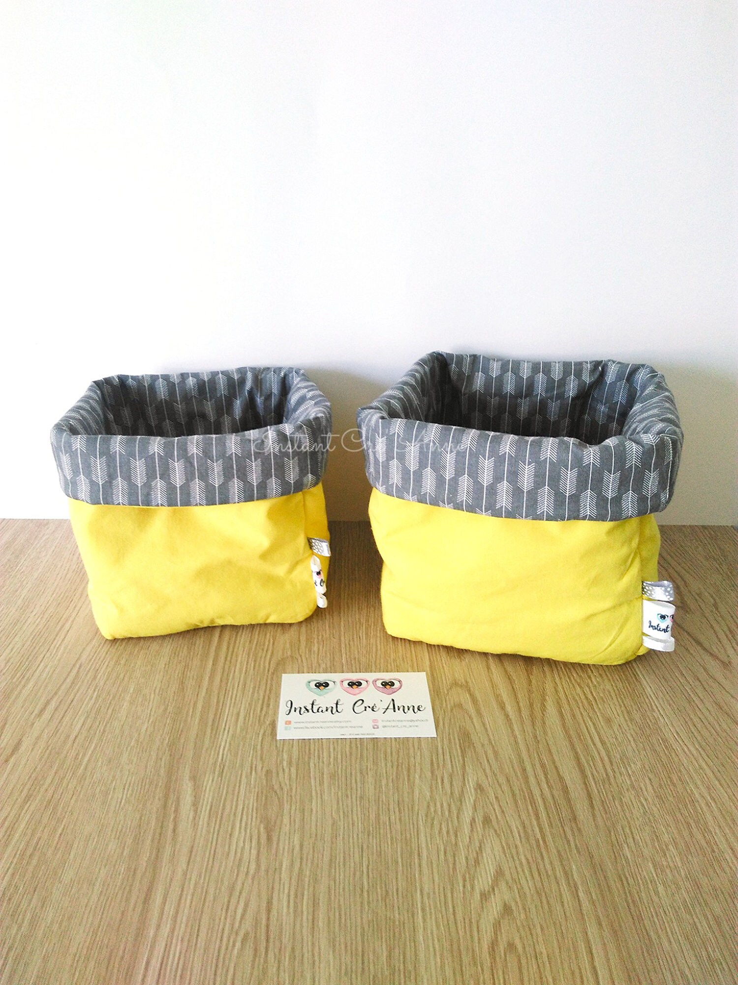 Lot de 2 Pochons Rangement Réversibles Coton Jaune/Gris à Flèches - Paniers -