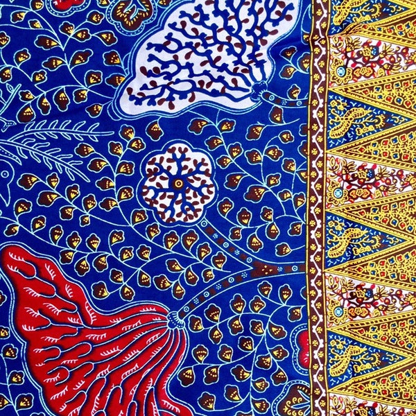 Tissu wax africain coupon 81 x 118 cm marque Hitarget motifs fleurs oiseaux feuilles bleu jaune rouge blanc marron