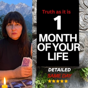 May include: A woman with long dark hair and a black turtleneck holds tarot cards. A lit candle and tarot cards are on a wooden table. Text on a black background reads "Truth as it is, 1 MONTH OF YOUR LIFE, DETAILED, SAME DAY".