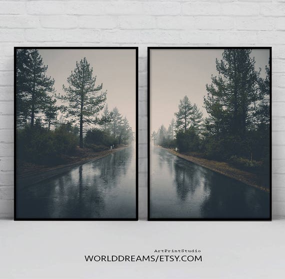Symmetry Photography, Rustic Nature Print, Scenery Landscape Printable, Set of 2 Photography, Road, Forest, Trees Wall Art, Home Decor