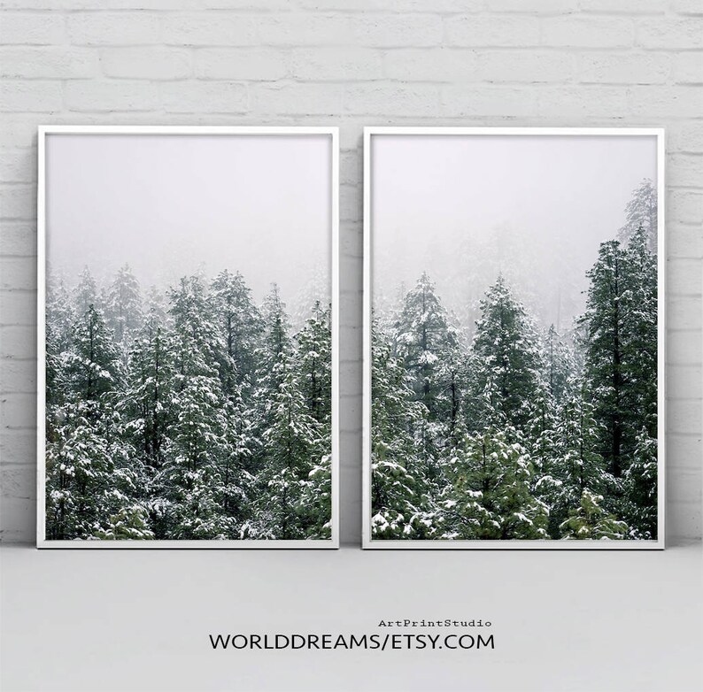 Set of 3 Black White Mountain Forest Prints. Scandi Wall Art