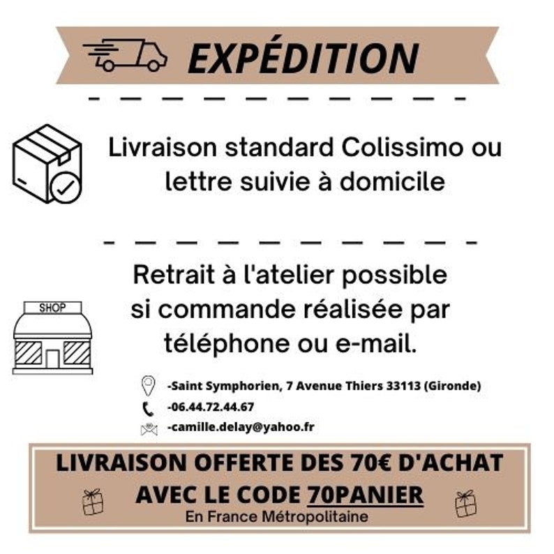 May include: A graphic with the text "EXP&Eacute;DITION" in a brown rectangle. The graphic lists shipping options including standard delivery, letter delivery, and in-store pickup. It also includes a free shipping offer for orders over 70 euros with the code "70PANIER".