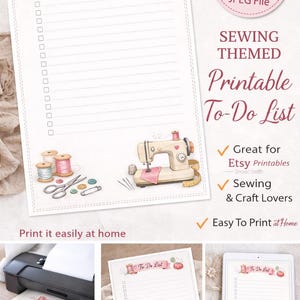 May include: A printable sewing-themed to-do list with a watercolour design. Features a sewing machine, spools of thread, scissors, and a pin cushion. Includes the text "To-Do List" and "Sewing Themed Printable To-Do List".