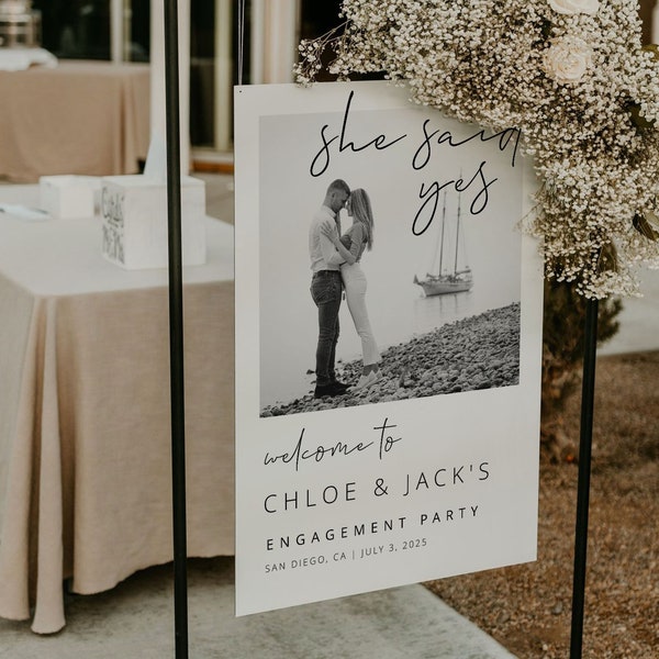 MINIMALIST | Engagement Party Welcome Sign Template, She Said Yes, Photo Welcome Poster, Modern Decorations, Portrait, Digital Download
