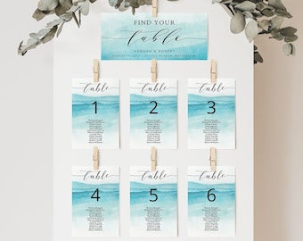Plantilla de tarjetas de tabla de asientos de PLAYA / Boda, decoración oceánica imprimible, descarga digital