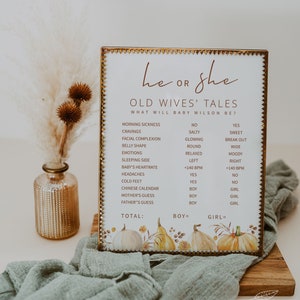 PUMPKIN | Gender Reveal Sign, Fall Themed, Baby Shower Decorations, Old Wives Tales Game, Printable, INSTANT DOWNLOAD