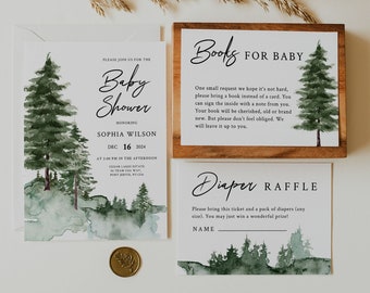 PINE TREE | Forest Baby Shower Invitation Template Set, Printable Woodland Invite, Digital Download