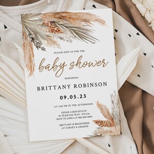 PAMPAS GRASS / Plantilla de invitación de baby shower, Boho Baby Shower, Descarga instantánea