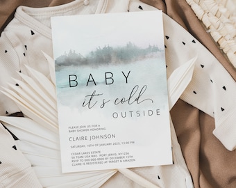WINTER | Baby It's Cold Outside, Baby Shower Invitation Template, Printable, Frost Lake & Snow, Instant Download