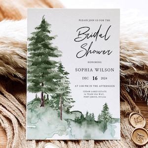 May include: A watercolor illustration of a forest scene with pine trees, used as an invitation for a bridal shower. The invitation text reads "Please join us for the Bridal Shower honoring Sophia Wilson, Dec 16, 2024 at 2:00 PM in the afternoon, Cedar Lakes Estate, 54 Team USA Way, Port Jervis, NY1236."
