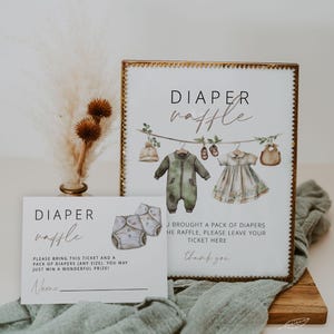 VÊTEMENTS POUR BÉBÉ | Signe de tombola de couches et modèle de carte, signe révélateur de sexe, imprimable, baby shower bohème, vert et beige, téléchargement numérique