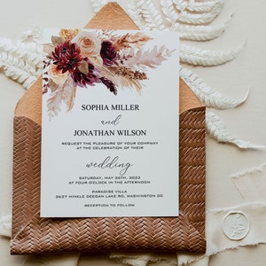 BURGUNDY Wedding Invitation Template Printable Card Boho - Etsy UK