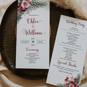 CHRISTMAS | Wedding Program Template, Printable, Pine Tree & Burgundy, Instant Download